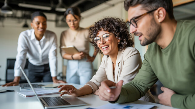 Collaborative team meeting in a modern office environment with diverse professionals