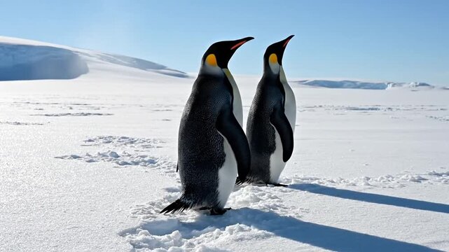 Two penguins stand on snow, against a backdrop of a snow-covered mountain and a blue sky