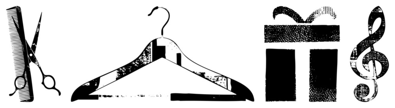 Classic barber scissors and comb, wooden coat hanger, gift box with bow, treble clef symbol, vector for salon or music themes.