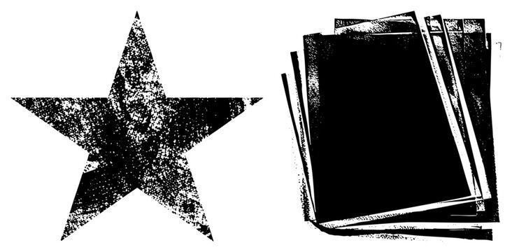 Distressed five point star and pile of newspapers rendered in halftone dot, graphic design elements, vintage print aesthetic, vector art.