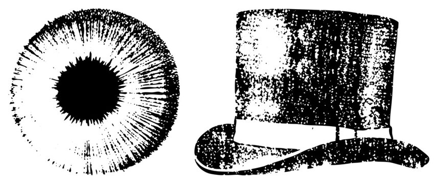 Classic top hat with ribbon band, stylized eye with radiating, vector art, retro illustration, graphic design element.