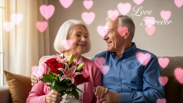 Enduring Love: An elderly couple shares a tender moment, gazing lovingly at each other amidst a cascade of hearts, symbolizing the eternal bond of their relationship.