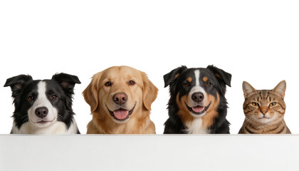 Four domestic pets: two black-white dogs, a golden retriever, and a tabby cat, positioned behind a white panel with neutral expressions. Isolated on white background, showcasing animal companionship.