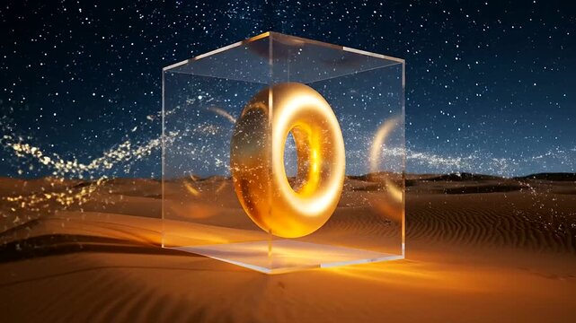 Neural network trading illustrates a glowing golden torus inside a clear cube, on a desert night with sparkling data, an abstract futuristic technology scene.