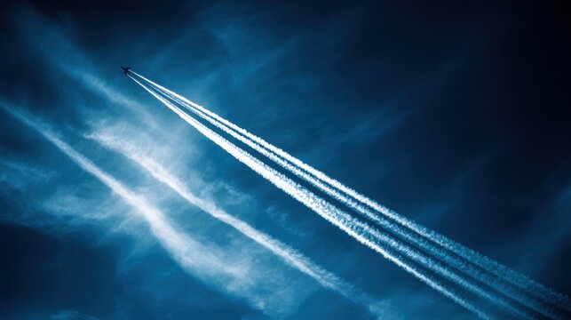 Airplane wing with multiple condensation trails forming abstract patterns across a deep blue sky with scattered clouds