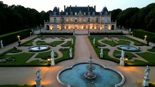 Neural network trading, showing grand French ch&acirc;teau at twilight, featuring elegant illuminated formal gardens, symmetrical fountains, and classical statues in a serene opulent setting.