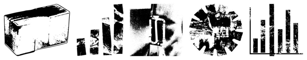 Fragmented black and white vector forms, stylized graphic elements, halftone texture, isolated design motifs, modern art abstraction.