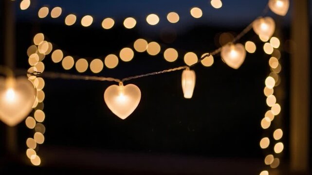 Illuminating Hearts: Delicate string lights, including charming heart-shaped bulbs, cast a warm glow against a dark backdrop, creating an atmosphere of love and intimacy. 