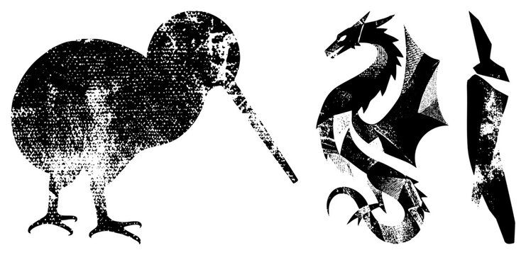 Stylized kiwi bird and dragon in halftone dot, vintage graphic design, black and white vector art, isolated animal, textured silhouette illustrations.