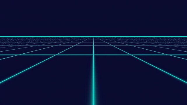 Perspective view of a glowing neon grid moving forward in an abstract virtual reality