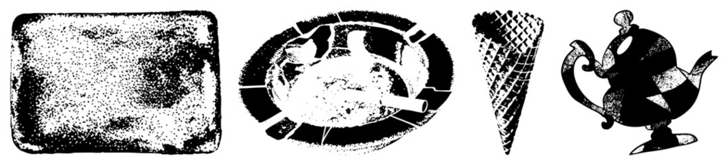 Retro halftone vector featuring ice cream cone, teapot, and plate with fork, stylized with dot, graphic design elements, isolated foreground.