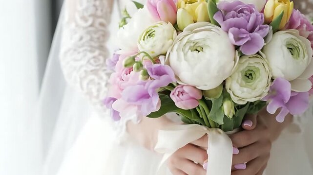 Close up of elegant hands holding a pastel floral wedding bouquet in a bright room.