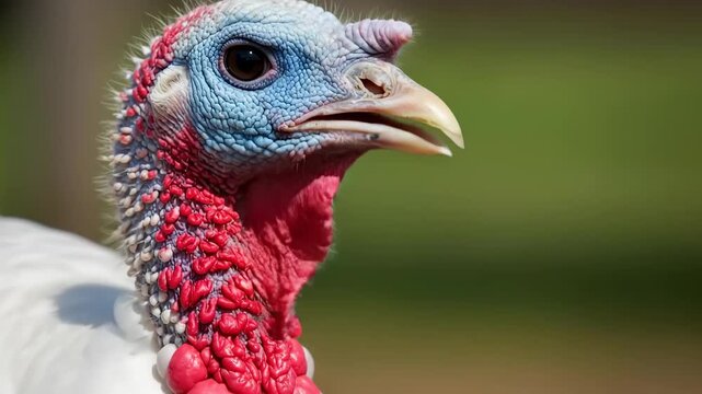 Striking close-up of a domestic turkey's head showing vibrant blue and red caruncles against a green background, perfect for Thanksgiving and farming documentaries.