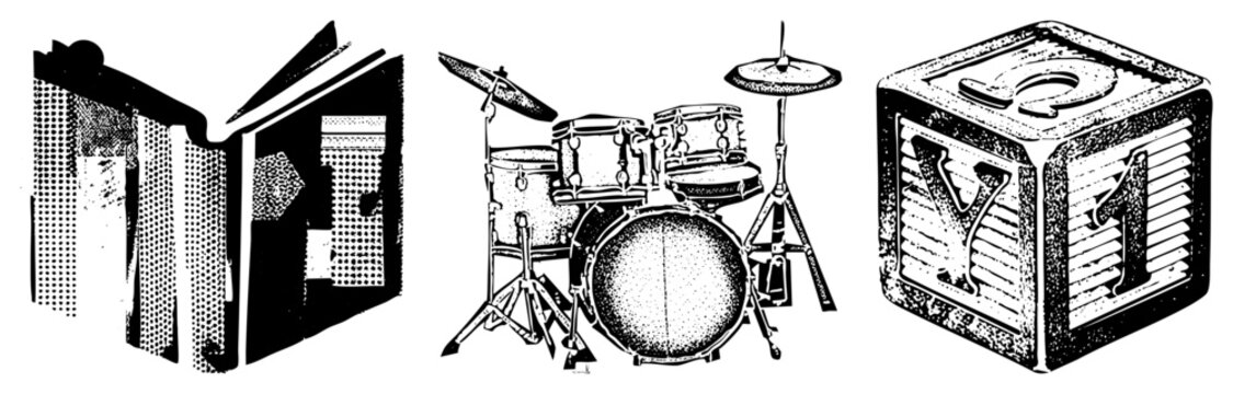 Black and white halftone drum kit, geometric book, Y/Z alphabet block. Classic vector with stippling. Isolated for design.