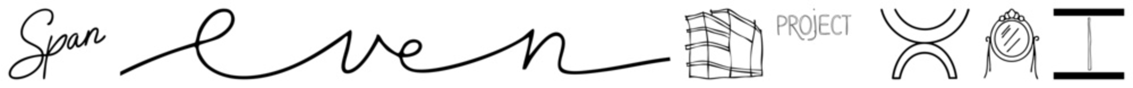 Artistic cursive typography "Span Even" paired with geometric building sketch, "PROJECT" text, symmetrical, and mirror minimalist vector design elements.