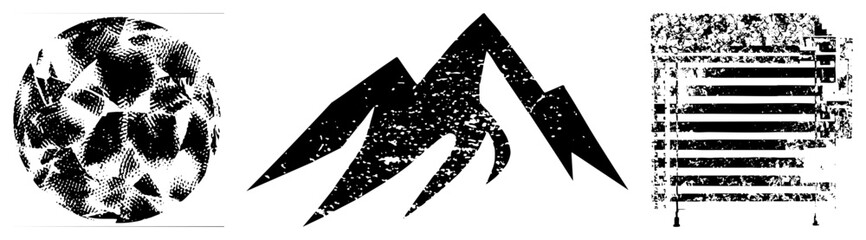 Abstract vector featuring halftone sphere, jagged mountain, and distressed grid. Minimalist black and white design for UI, branding, or graphic elements.