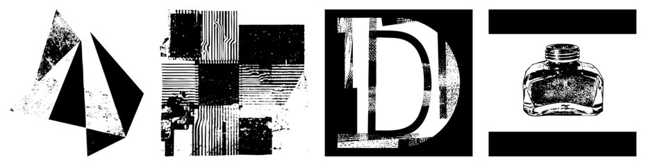 Stylized graphic elements featuring fragmented forms, halftone textures, and bold contrasts, ideal for modern design, digital art, or print.
