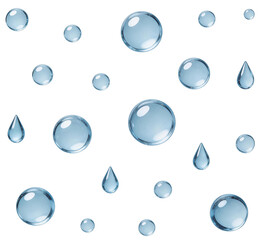 Collection of transparent blue water droplets and bubbles, illustrating liquid forms, moisture, and natural elements. Ideal for backgrounds, nature, or water-themed designs.