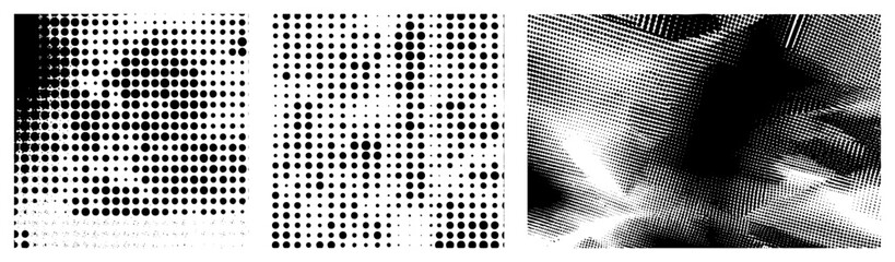 Black and white halftone dots forming gradient texture, screen printing effect, print design element, vector, graphic art, visual noise, digital illustration.