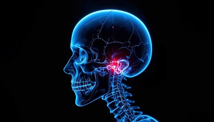 Human Skull and Neck with Pain Highlighted: Medical Illustration of Head Anatomy