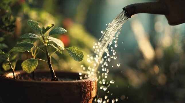 A gentle stream of water from a watering can nourishes a thriving young plant in a terracotta pot, symbolizing growth, care, and the nurturing of new life amidst a soft, natural garden backdrop