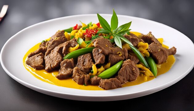 Stir Fried Beef With Yellow Curry Paste Thai Southern Style Spicy Sliced Beef Meat In White Plate Kua Kling