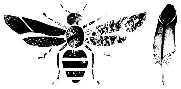 Black and white vector illustration of bee and feather, halftone texture, graphic design elements, isolated, rustic aesthetic, nature motifs.
