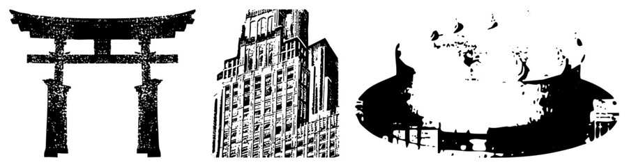 Stylized black silhouettes of a Japanese torii gate, Gothic, and abstract sculpture, rendered in halftone dot, vector art, isolated foreground elements.