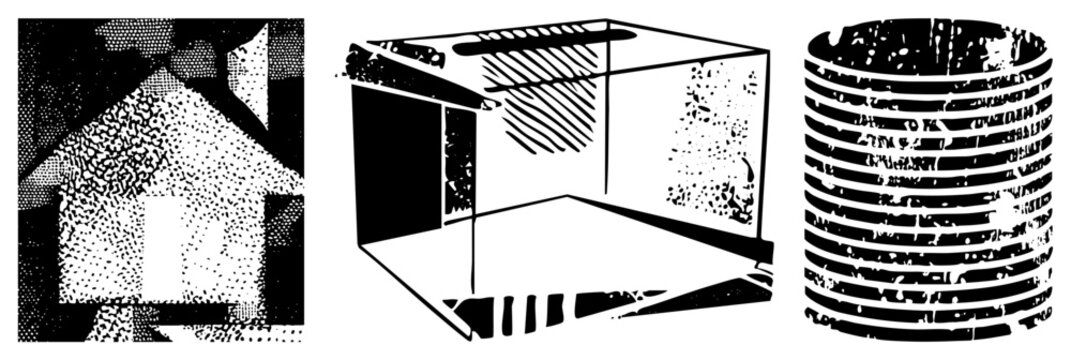 Three stylized forms rendered in halftone dot house silhouette, isometric cube, stacked cylinder. Vector graphic with bold and textured shading.