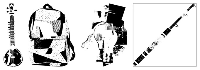 Stylized vector sitar instrument, backpack, halftone lightbulb, textured fishing rod graphic design elements for digital use.