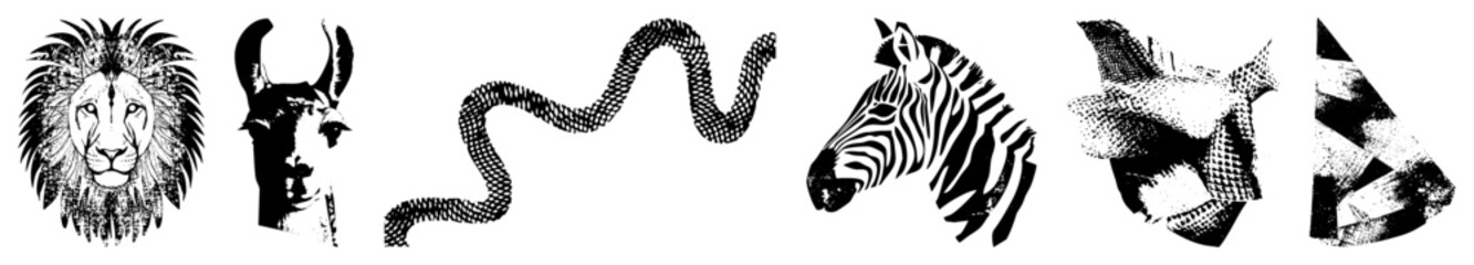 Obraz premium Graphic illustrations of lion, llama, snake, zebra, fish, and abstract shapes rendered in halftone, vector art, black and white, isolated foreground elements.