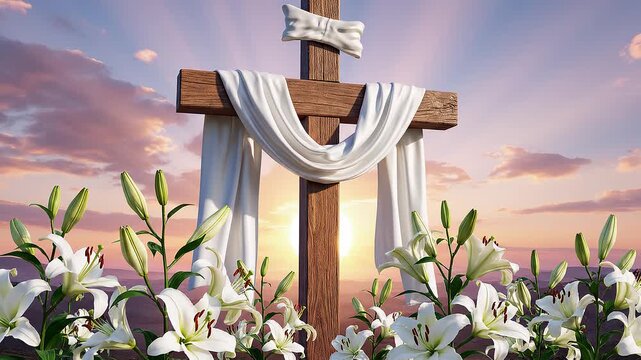 Symbolic Easter scene featuring a wooden cross draped with flowing white fabric, surrounded by blooming white lilies.