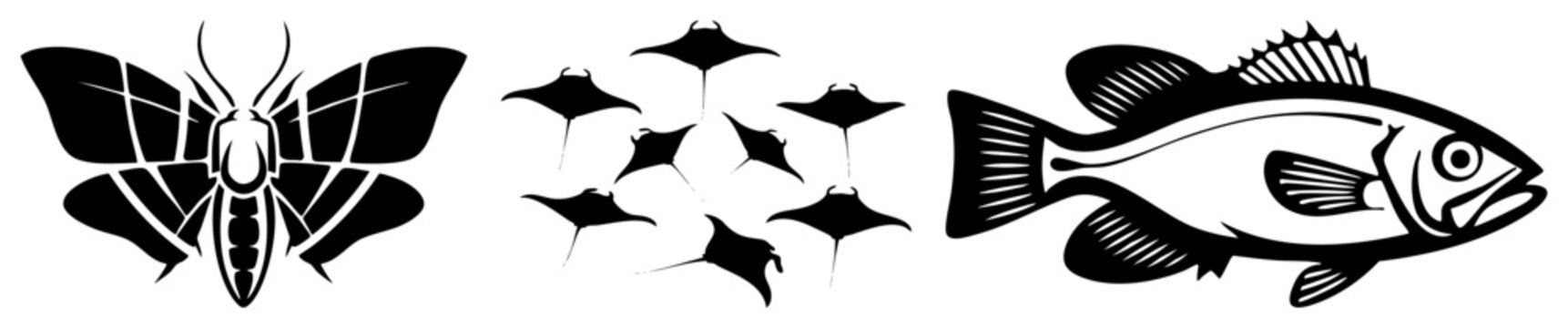 Stylized moth with geometric wings, school of manta rays, fish with detailed scales, all in flat vector art, isolated design elements.