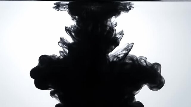 Black ink cloud dispersing in clear liquid against a bright background