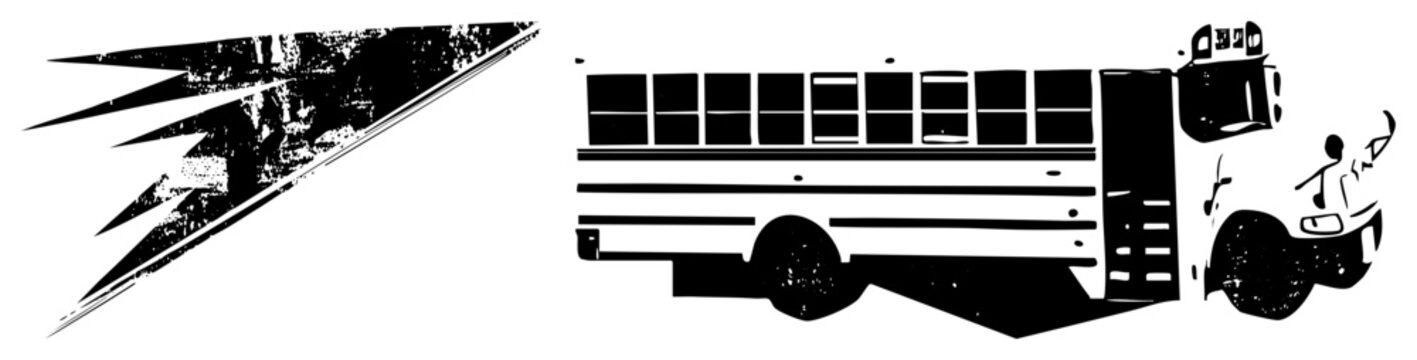Vintage style school bus silhouette with driver waving, paired with distressed lightning bolt, graphic design, vector art, black and white illustration.