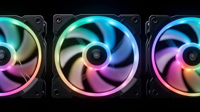 Three RGB Computer Case Fans Spinning with Vibrant Neon Lighting