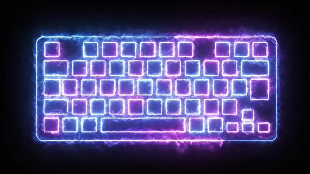 A glowing neon outline of a computer keyboard appears on a dark background