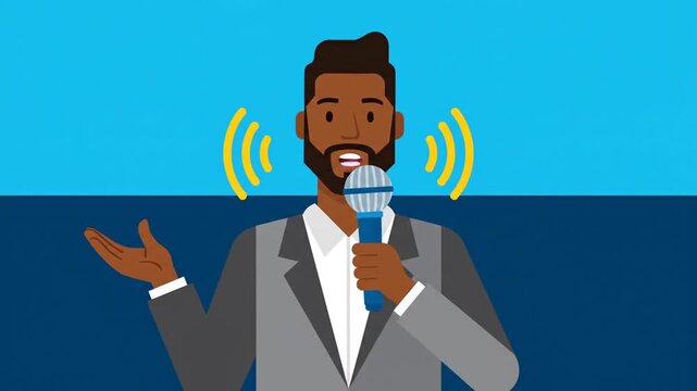 Illustration of a man with dark skin, in a suit, speaking into a mic. Sound waves emanate