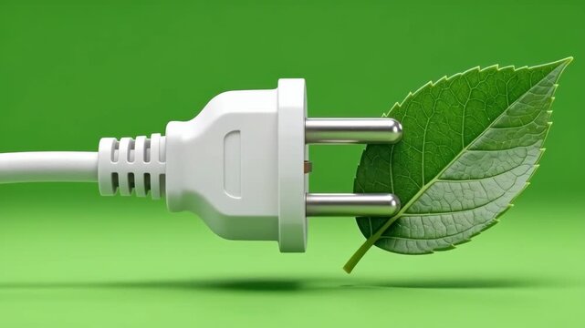 Green Energy Concept: White Electrical Plug with a Fresh Green Leaf