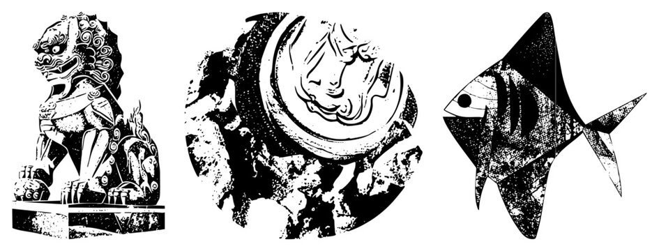 Ornamental Chinese guardian lion statue, circular carved relief, stylized fish with halftone texture, vector art, cultural symbols, decorative motifs.
