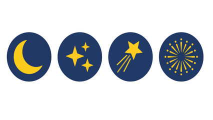 Ramadan Night Sky and Celestial Element Icon Set, Moon Star Meteor Firework Collection Illustration