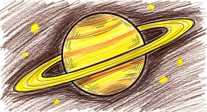 Childlike colored pencil drawing of the planet Saturn and its rings against a dark space background with stars.