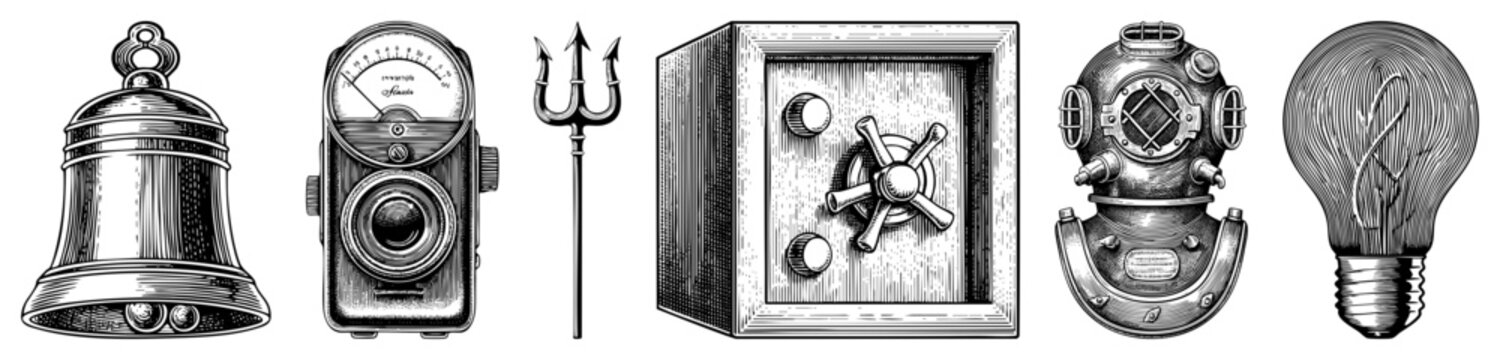 Classic engraved church bell, antique camera, trident symbol, vault safe, vintage diving helmet, incandescent bulb all in detailed art style.