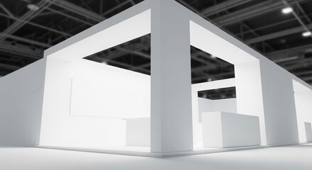 Obraz premium Modern white exhibition booth structure in an empty convention hall, ready for a trade show or event.