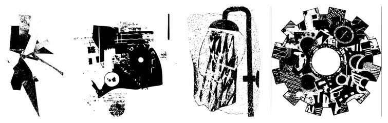 Fragmented black and white vector forms with halftone texture, abstract composition, graphic design elements, stylized shapes, modern art.