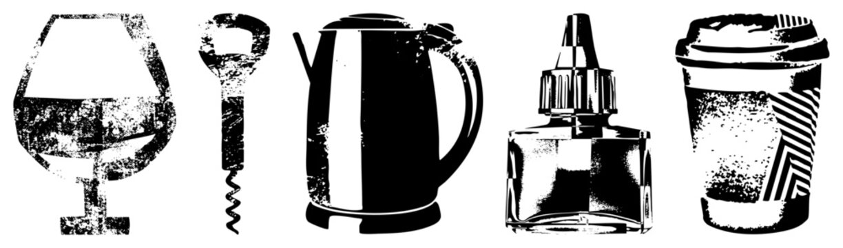 Grunge textured black and white vector of wine glass, corkscrew, kettle, ink bottle, and coffee cup, ideal for retro branding or print.