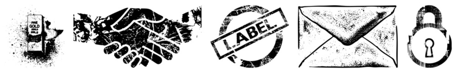 Obraz premium Distressed black and white vector including gold bar, handshake, label stamp, envelope, and padlock, ideal for branding or security themes. Grunge texture,, symbolic.