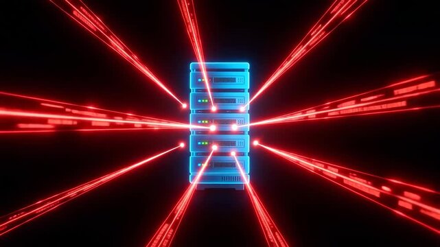 Futuristic Blue Server Rack with Red Data Streams and Light Beams
