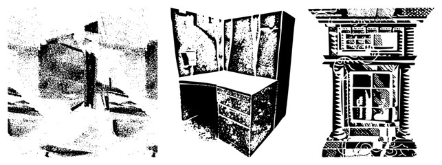 Black and white halftone graphic of a doorway, desk, and ornate window frame, vector art, isolated foreground, geometric, architectural.