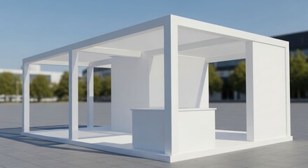Fototapeta premium A modern, minimalist white outdoor booth or temporary structure with a counter, set against a clear sky and blurred urban background.